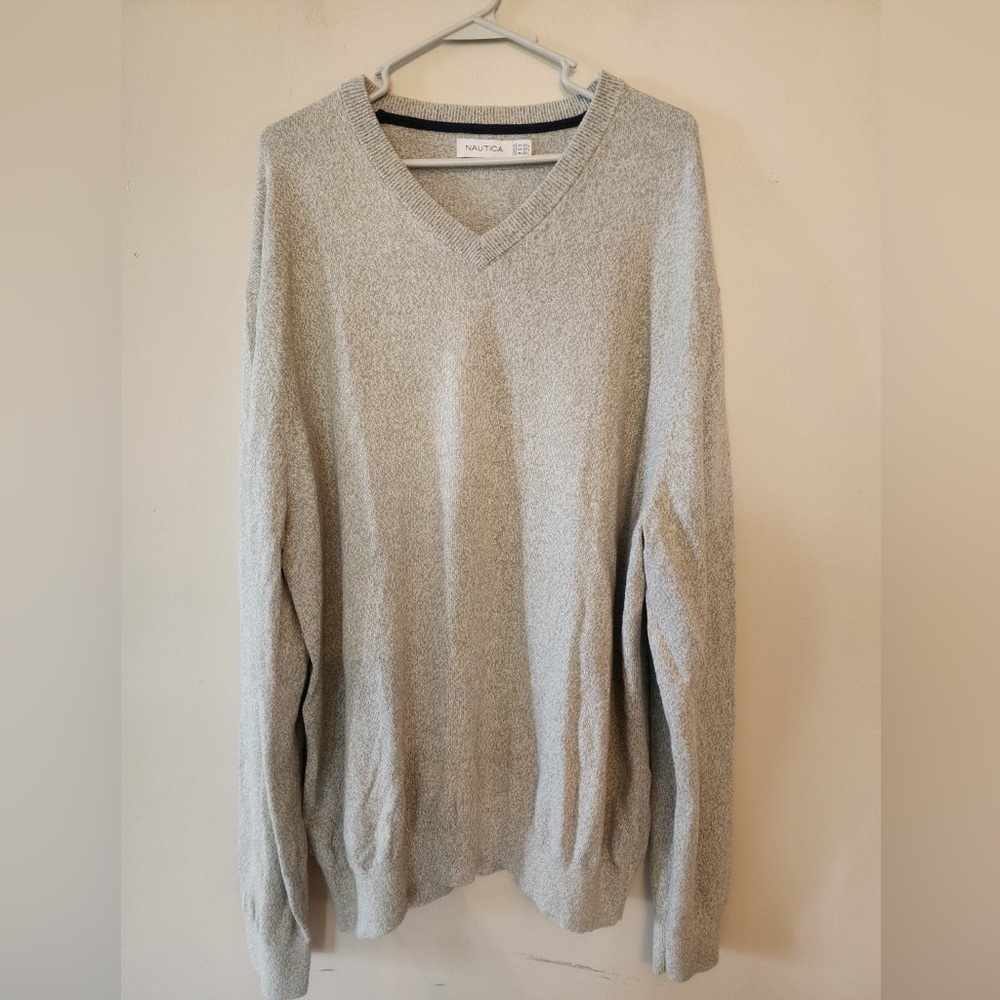 Nautica Knit Sweater v neck cream with green size xxl